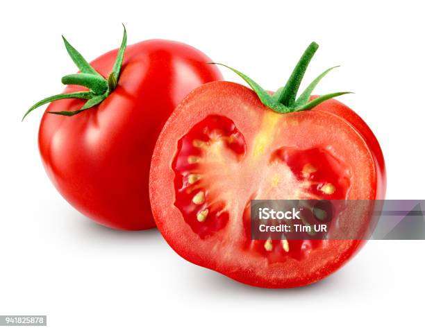 Tomato With Slice Isolated With Clipping Path - Fotografias de stock e mais imagens de Tomate - Tomate, Fundo Branco, Figura para recortar