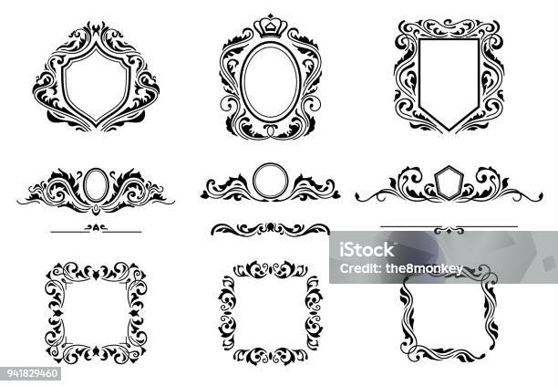 Set Of Vintage Decorations Frame Elements Flourishes Calligraphic Ornaments Borders And Frames Retro Style Collection For Boutique Store Shop Restaurant Hotel And Heraldic Logo Identity Design Stock Illustration - Download Image Now