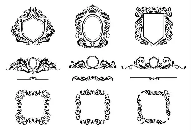 Vector illustration of Set of Vintage Decorations Frame Elements. Flourishes Calligraphic Ornaments, Borders and Frames. Retro Style Collection for Boutique, Store, Shop, Restaurant, Hotel and Heraldic Logo. Identity design