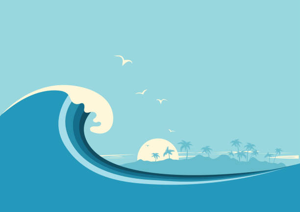gelombang laut besar dan pulau tropis. latar belakang biru vektor - tsunami ilustrasi stok