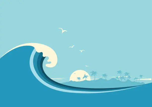 Vector illustration of Big ocean wave and tropical island.Vector blue background