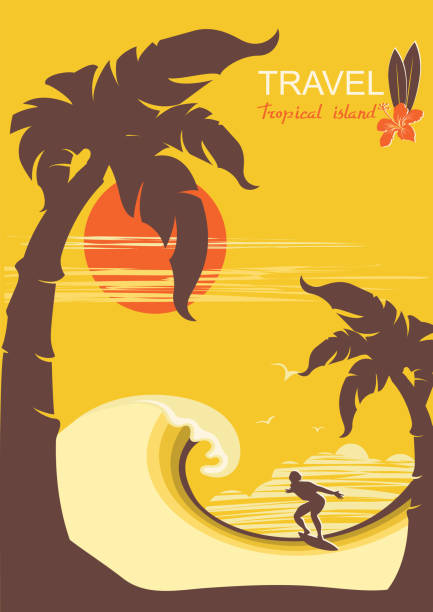 illustrations, cliparts, dessins animés et icônes de paradis tropical avec île de palmiers et surfeur - surfing men hawaii islands wave