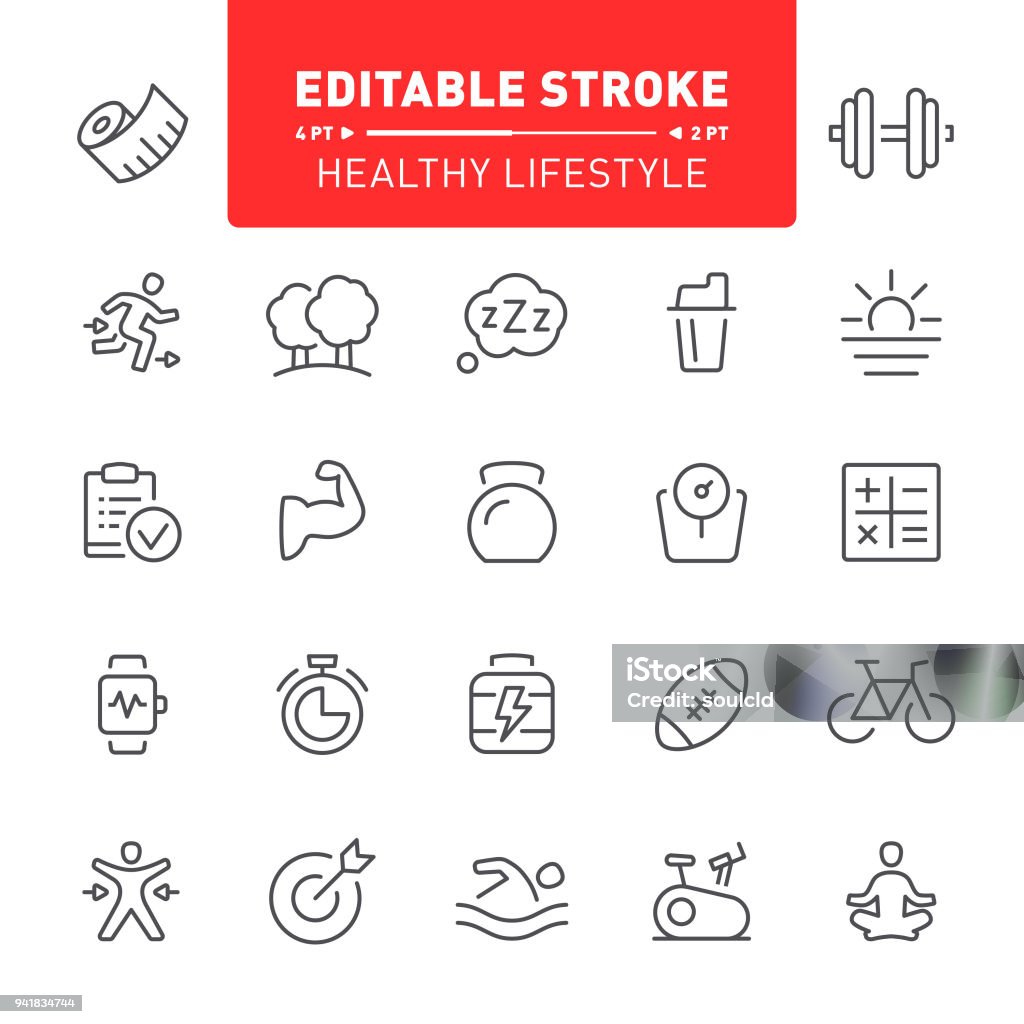 Healthy Lifestyle Icons Fitness, icon set, sport, exercising, healthy lifestyle, editable stroke, outline, running, training, yoga, dieting Line Icon stock vector