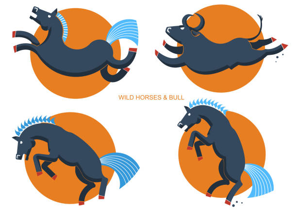 wildpferde und bull. rodeo-symbole - rodeo bull bull riding cowboy stock-grafiken, -clipart, -cartoons und -symbole