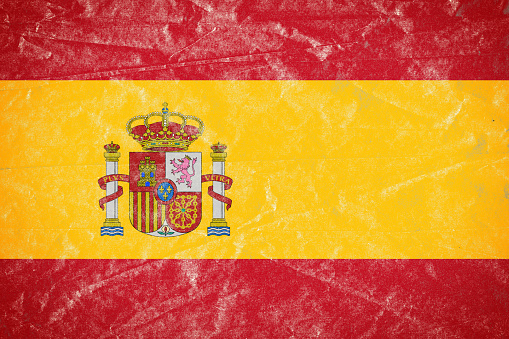 Realistic illustration of Spanish flag on torned, wrinkled, dirty, grunge paper poster. 3D rendering.