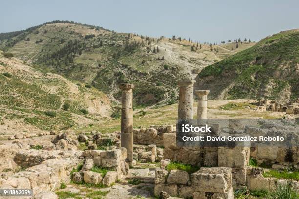 Pella Ruins Columns Near The Mountains Stock Photo - Download Image Now - Jordan - Middle East, Agricultural Field, Agriculture