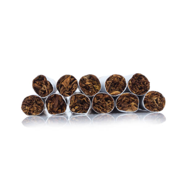 cigarette view top isolated on white background - cigarette smoking ashtray tobacco imagens e fotografias de stock