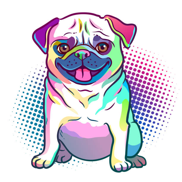 ilustrações, clipart, desenhos animados e ícones de pug cão estilo pop art ilustração em cores do arco-íris de néon brilhante, com fundo de ponto de meio-tom, isolado no branco. cães, animais de estimação, elemento de design tema os amantes dos animais. - pug