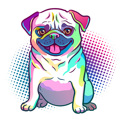 Pug dog pop art style illustration in bright neon rainbow colors, with halftone dot background, isolated on white. Dogs, pets, animal lovers theme design element.