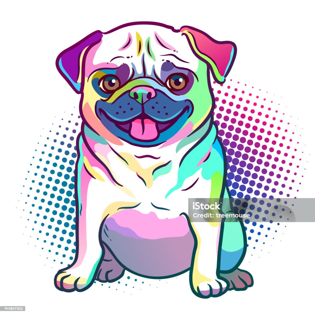 Pug dog pop art style illustration in bright neon rainbow colors, with halftone dot background, isolated on white. Dogs, pets, animal lovers theme design element. Dog stock vector