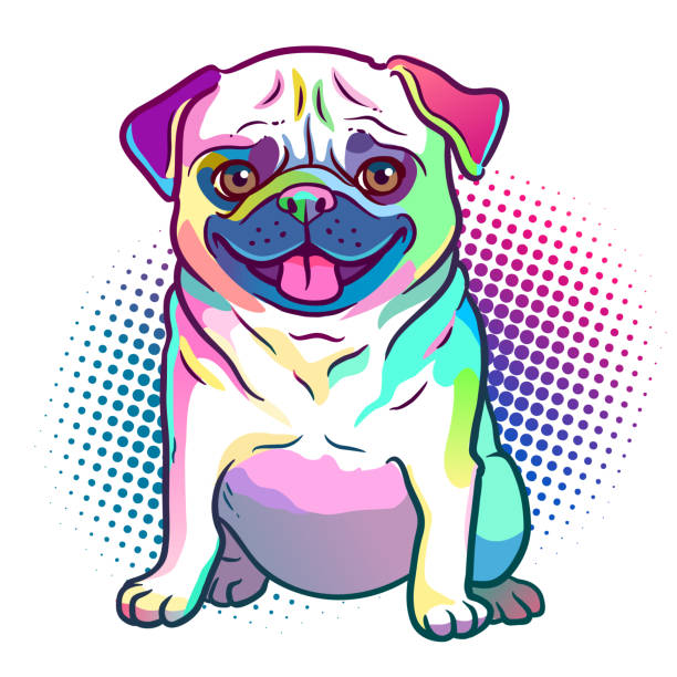Pug dog pop art style illustration in bright neon rainbow colors, with halftone dot background, isolated on white. Dogs, pets, animal lovers theme design element. Pug dog pop art style illustration in bright neon rainbow colors, with halftone dot background, isolated on white. Dogs, pets, animal lovers theme design element. pug stock illustrations