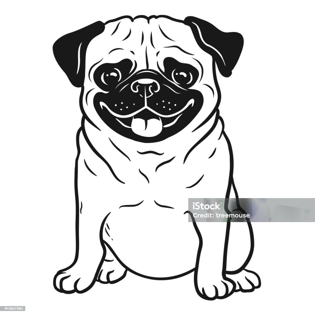 Ilustración de Retrato De Pug Perro Blanco Y Negro Dibujado A Mano Dibujos  Animados Divertido Feliz Pug Sonriente Sentado Y Mirando Hacia Adelante  Perros Animales Tema Diseñan Elemento Icono Logotipo y más