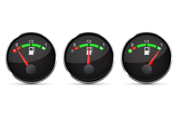 ilustrações de stock, clip art, desenhos animados e ícones de black fuel gauge. empty, half, full level. with chrome frame - half tank