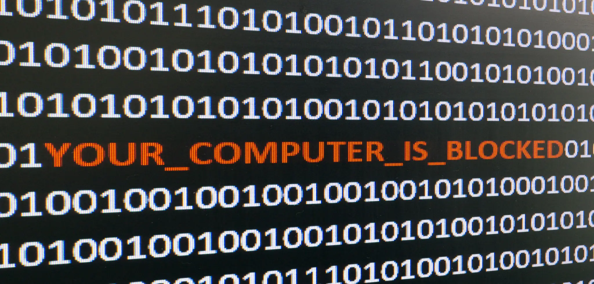 컴퓨터와 함께하는 고랭과 함수: 최신 트렌드! 2 computer screen shot with binary code and warning text, concept for computer, technology and online security.