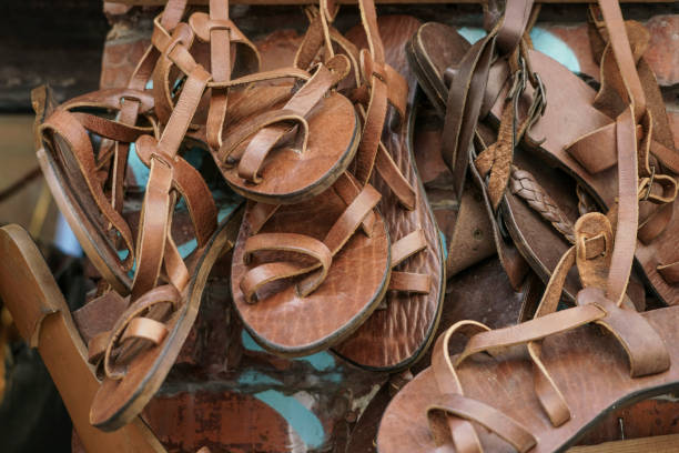 handmade leather sandals - craft market morocco shoe imagens e fotografias de stock