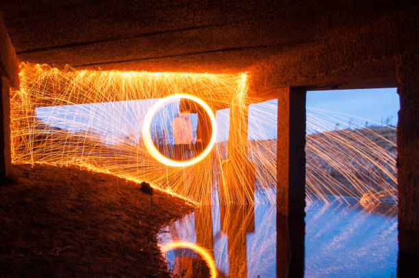 istock Fire dance show. Steel wool light under the bridge. 941856788