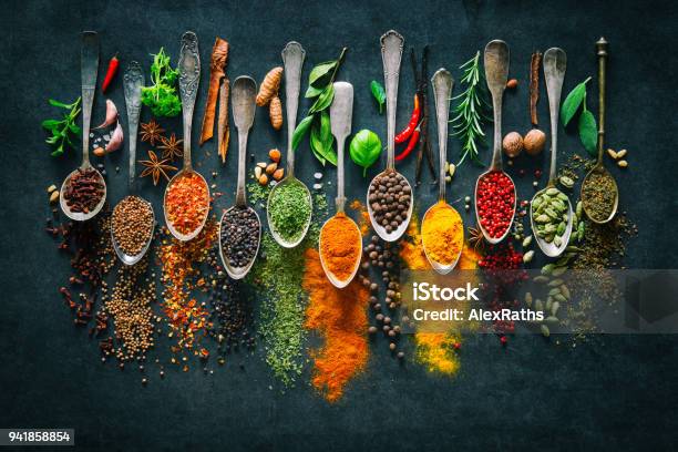 Herbs And Spices For Cooking On Dark Background Stock Photo - Download Image Now - Spice, Food, Herb