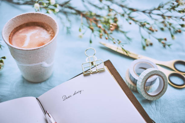 istock Diary and a cup of coffee on a turquoise napkin 941863694