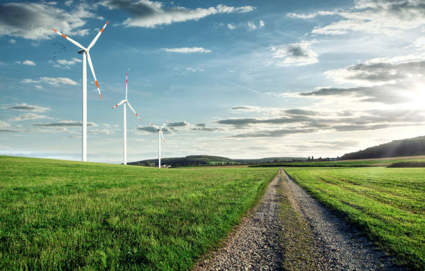 Wind turbines on a beautiful field stock photo