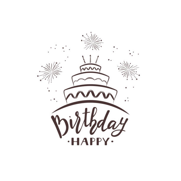happy birthday text mit kuchen und feuerwerk - geburtstagstorte stock-grafiken, -clipart, -cartoons und -symbole
