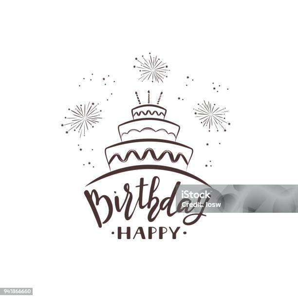 Text Happy Birthday With Cake And Fireworks Stock Illustration - Download Image Now - Birthday, Birthday Cake, Cake