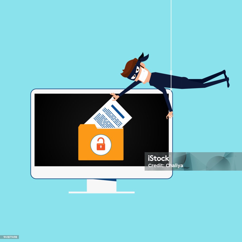 Thief. Hacker stealing sensitive data as passwords from a personal computer useful for anti phishing and internet viruses campaigns. concept hacking internet social network. Thief. Hacker stealing sensitive data as passwords from a personal computer useful for anti phishing and internet viruses campaigns. concept hacking internet social network. Vector Illustration. Data stock vector