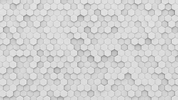 White hexagons mosaic. Computer generated abstract geometric background. 3D render illustration