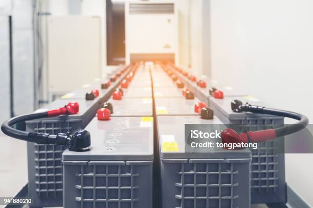 Battery Pack In Battery Room In Power Plant For Supply Electricity In Plant During Shutdown Phase Rows Of Batteries In Industrial Backup Power System Stock Photo - Download Image Now