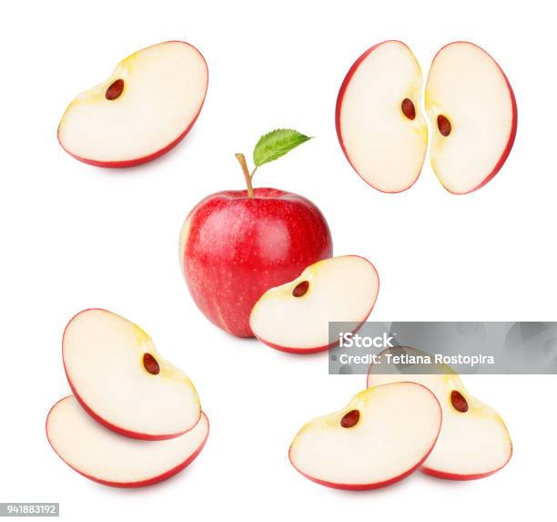 Set Of Ripe Red Apple With Leaf And Slice Isolated On White Background Stock Photo - Download Image Now