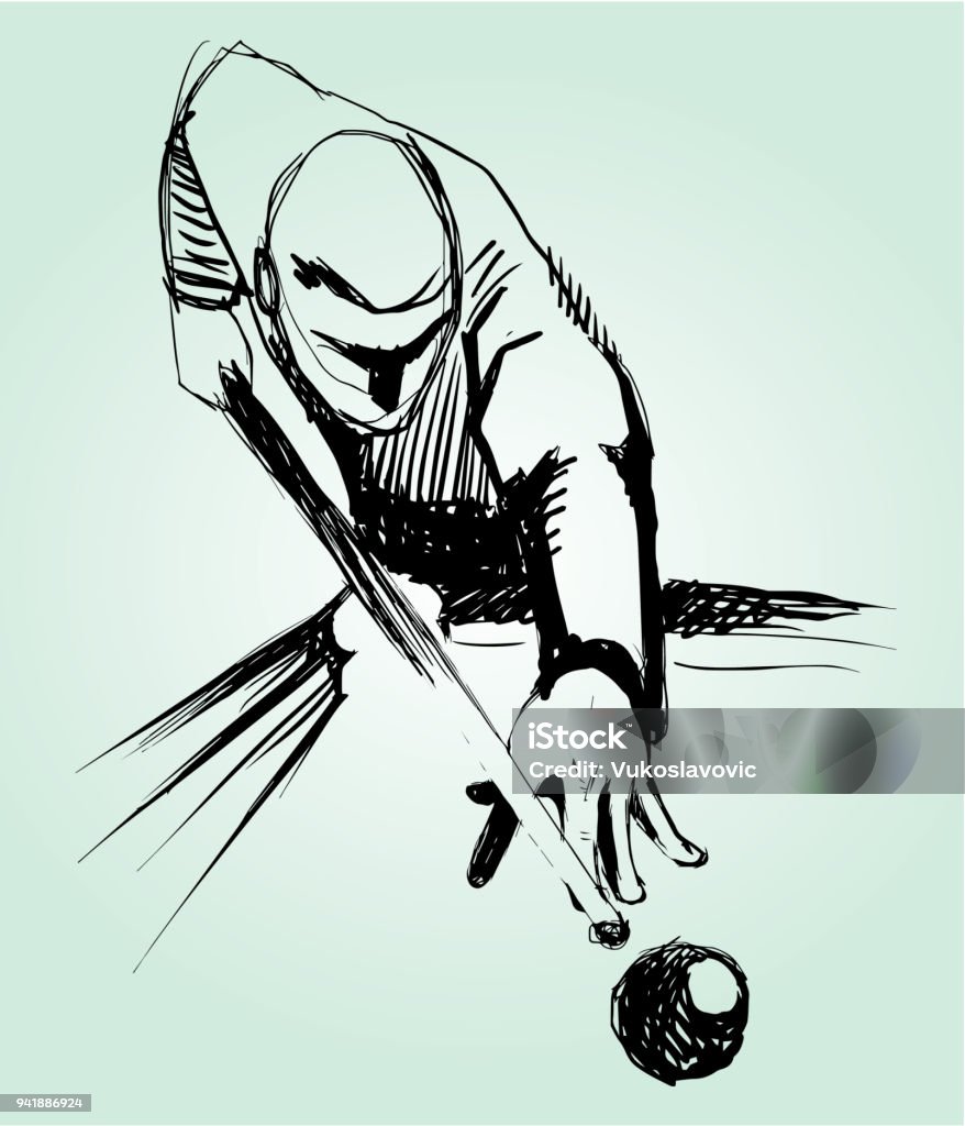 Billiards player sketch. Vector illustration of Billiards or Snooker player in aiming position. Pool - Cue Sport stock vector