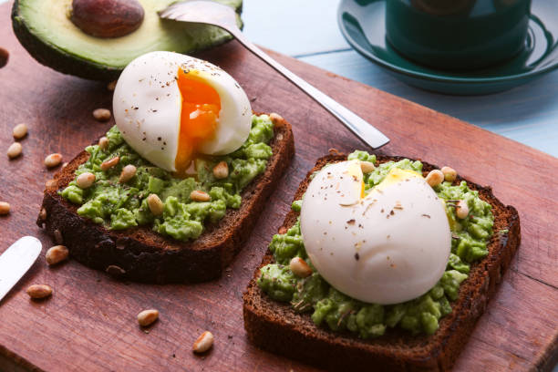 istock breakfast bruschetta with avocado and spinach and poached egg. with a cup of coffee 941893664