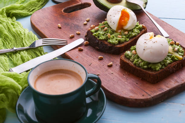 istock breakfast bruschetta with avocado and spinach and poached egg. with a cup of coffee 941893666