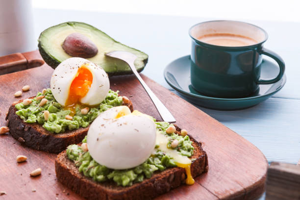 istock breakfast bruschetta with avocado and spinach and poached egg. with a cup of coffee 941893684