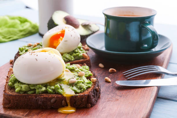 istock breakfast bruschetta with avocado and spinach and poached egg. with a cup of coffee 941893686