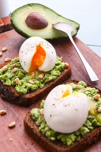 istock breakfast bruschetta with avocado and spinach and poached egg. with a cup of coffee 941893688