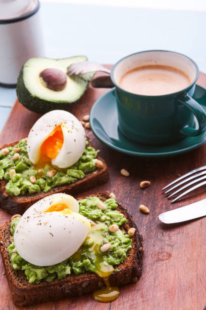 istock breakfast bruschetta with avocado and spinach and poached egg. with a cup of coffee 941893702