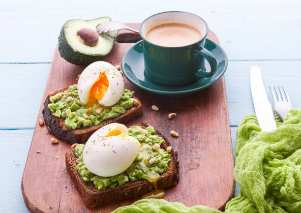 istock breakfast bruschetta with avocado and spinach and poached egg. with a cup of coffee 941893708