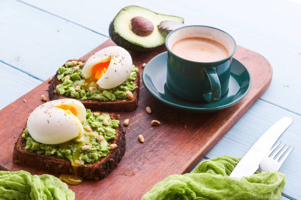 istock breakfast bruschetta with avocado and spinach and poached egg. with a cup of coffee 941893720