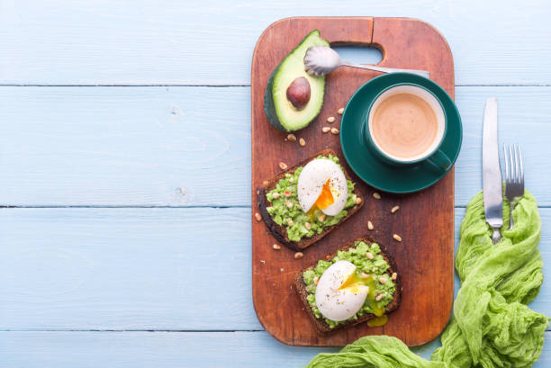 istock breakfast bruschetta with avocado and spinach and poached egg. with a cup of coffee 941893728