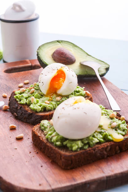istock breakfast bruschetta with avocado and spinach and poached egg. with a cup of coffee 941893740