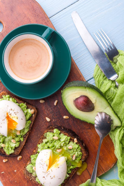 istock breakfast bruschetta with avocado and spinach and poached egg. with a cup of coffee 941893758