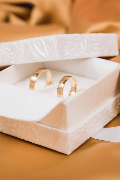 istock Golden wedding rings with white luxury box on a silk background 941900682