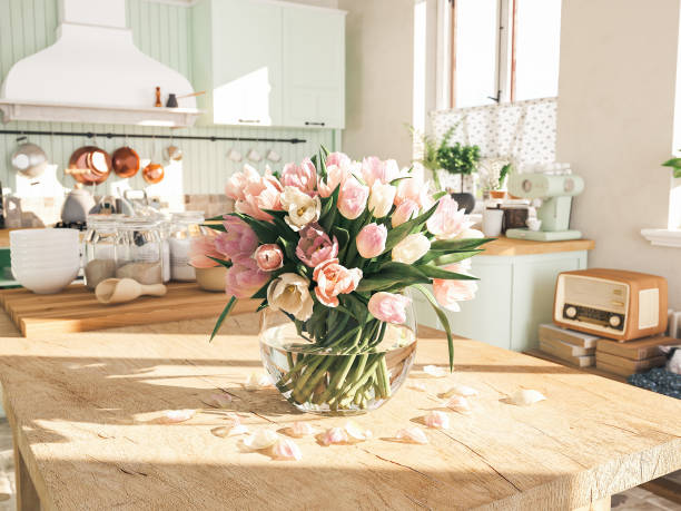 cocina retra en una casa con gato para dormir. RENDER 3D - foto de stock