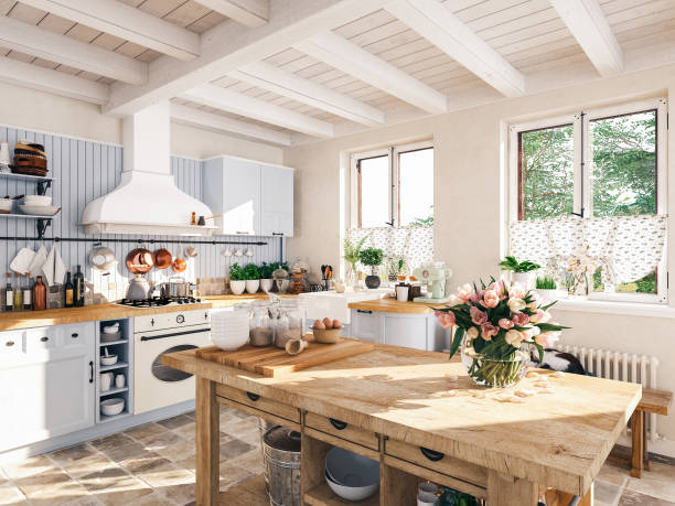 istock retro kitchen in a cottage with sleeping cat. 3D RENDERING 941905546