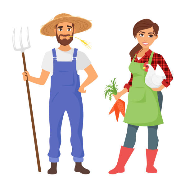farmers: man and woman character Vector cartoon style illustration of farmers: man and woman character. Isolated on white background. Vibrant color. farmer stock illustrations