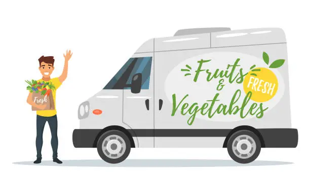 Vector illustration of fruit and vegetables delivery car