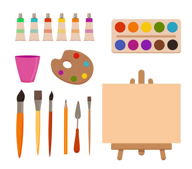 ÑÐ°Ð±Ð»Ð¾Ð½ ÑÐ°Ð·Ð¼Ð½Ð¾Ð¶ÐµÐ½Ð¸Ñ Painting  tools elements cartoon colorful vector set. Art supplies: easel with canvas, paint tubes, brushes, pencil, watercolor, palette. Drawing creative materials for workshops designs easel stock illustrations