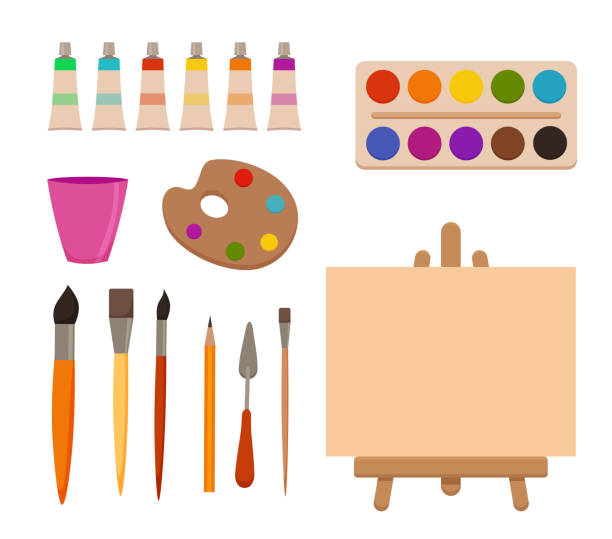 Ñаблон ÑÐ°Ð·Ð¼Ð½Ð¾Ð¶ÐµÐ½Ð¸Ñ Painting tools elements cartoon colorful vector set. Art supplies: easel with canvas, paint tubes, brushes, pencil, watercolor, palette. Drawing creative materials for workshops designs art paint brush stock illustrations