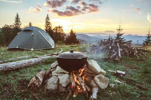 touristenlager mit feuer, zelt und brennholz - camping stock-fotos und bilder