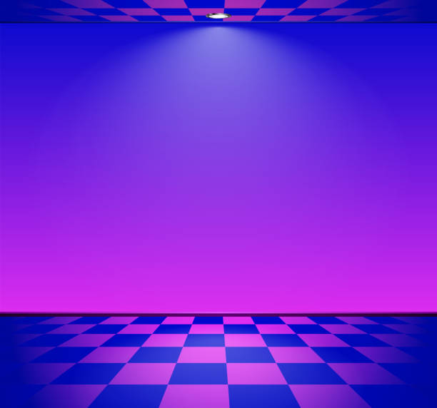 istock 80s styled vapor wave room with blue and purple wall over checked floor 941906602